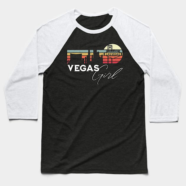 Las Vegas Girl Retro Sunset City Skyline Souvenir Baseball T-Shirt by grendelfly73